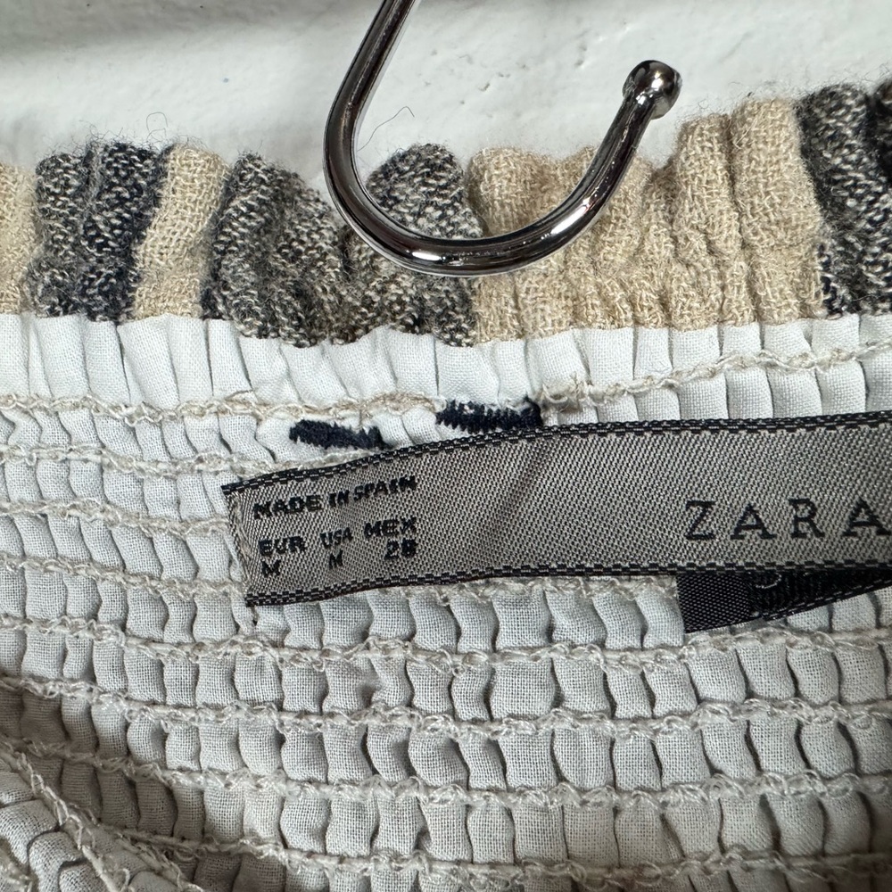 Zara  100% Cotton Shirred Waist Navy Cream Plaid A-Line Skirt Fray Hem Size‎ Med - Picture 6 of 6